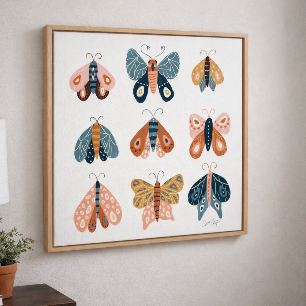 Kate and Laurel Sylvie Yellow Moth Specimens Framed Canvas Wall Art 24x24